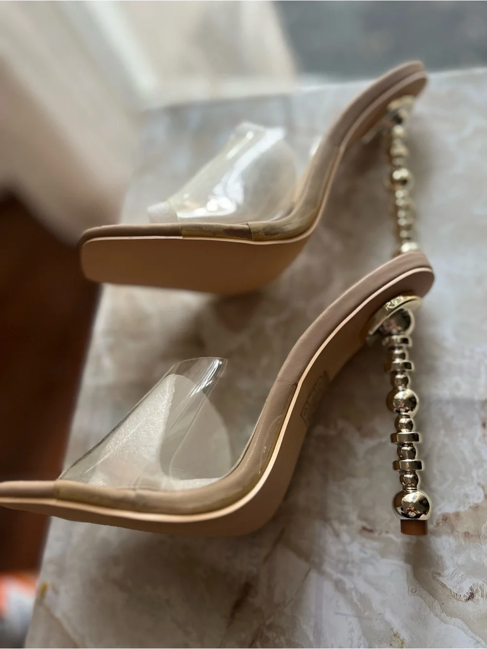 SUPERDOWN Clear Strap Nude Heeled Sandals with Gold AccenT